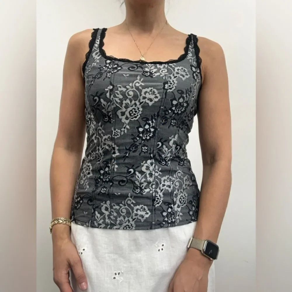 Y2K WHBM Gray Baroque Floral Corset Fitted Tank Lace Trim Cami Size S